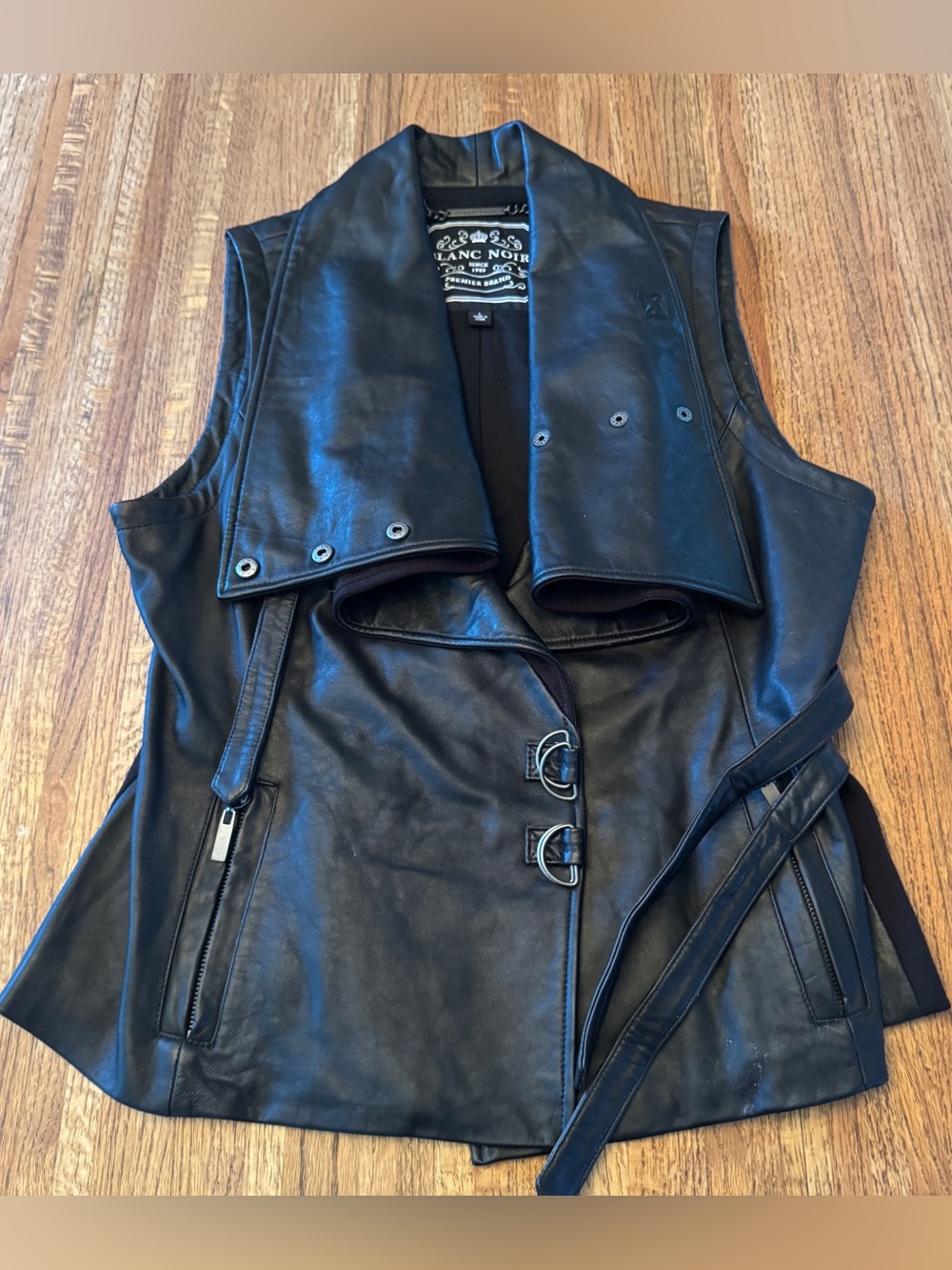 Blanc Noir 100% Genuine Leather Moto Drape Vest Stretch Knit Size Large